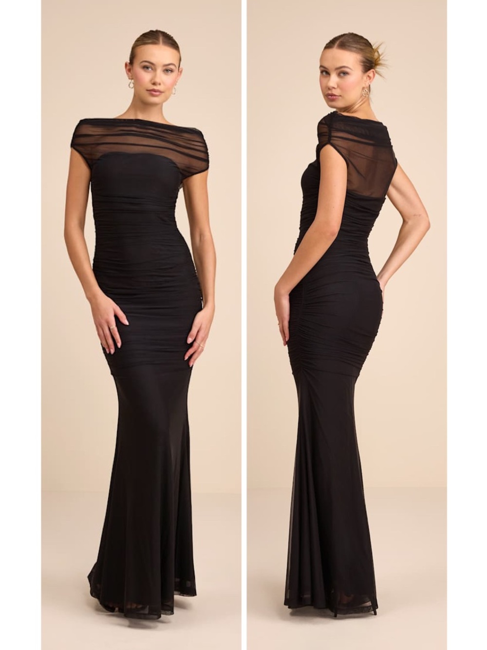 Lulus Sunama Black Mesh Ruched Mermaid Maxi Dress Size Small NWT Formal Wedding